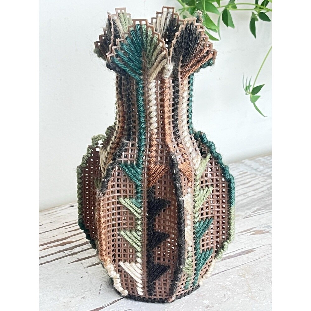 Vintage Handmade Groovy 1970s Needlepoint Vase Retro Plastic Canvas Home Decor